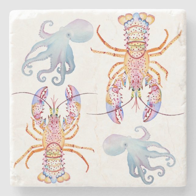 Pink and Blue Lobster Stone Coaster (Front)