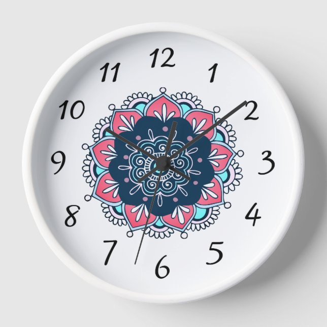 Pink and Blue Mandala Boho Wall Clock (Front)