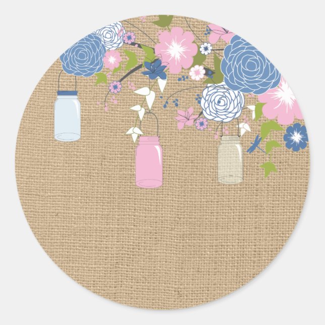 Pink and Blue Mason Jar Faux Burlap Sticker (Front)