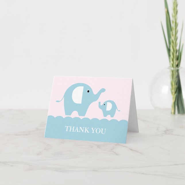 Pink and Blue Mum and Baby Elephants Thank You Card (Front)