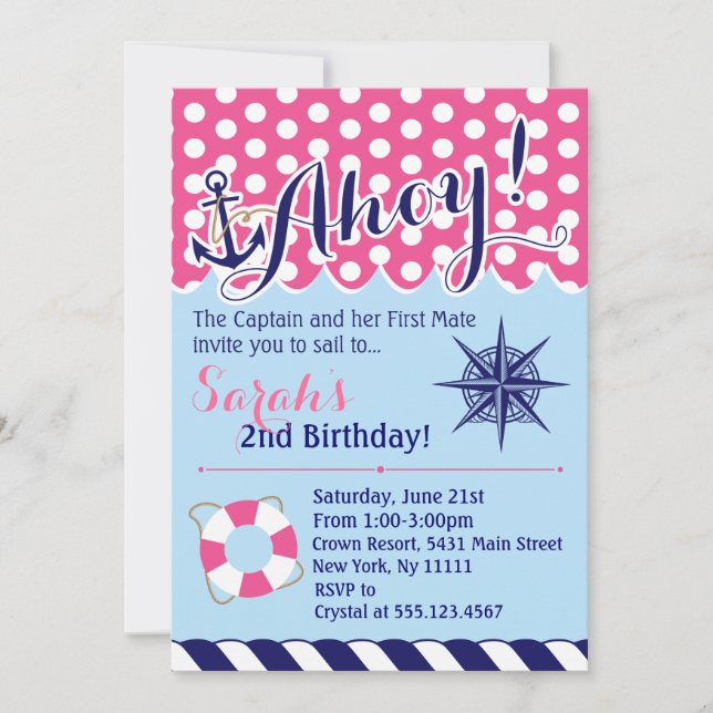 Pink and Blue Nautical Birthday Invitation (Front)