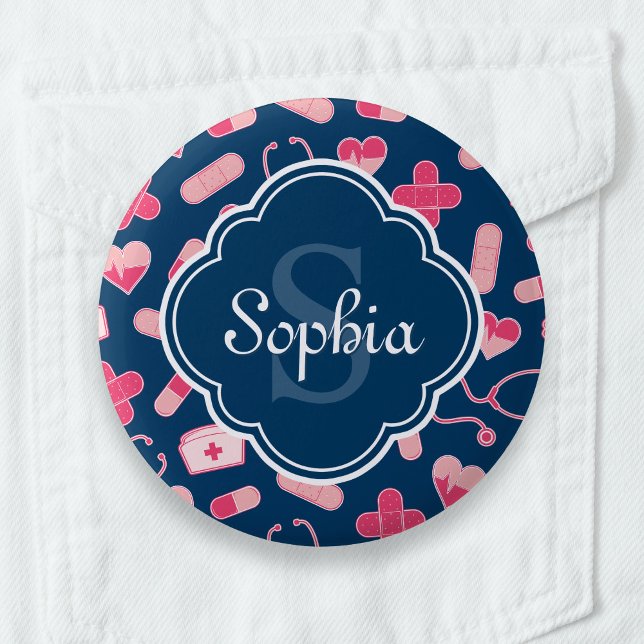 Pink and Blue Nurse Pattern with Monogram 6 Cm Round Badge (Creator Uploaded)