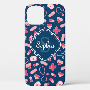 Pink and Blue Nurse Pattern with Monogram iPhone 12 Case