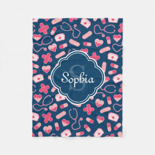 Pink and Blue Nurse Pattern with Monogram Fleece Blanket