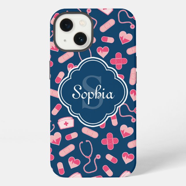 Pink and Blue Nurse Pattern with Monogram iPhone Case (Back)