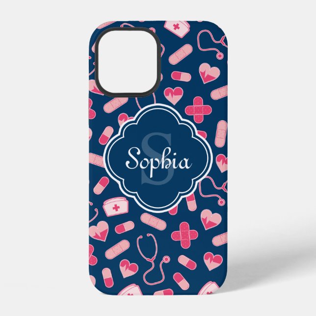 Pink and Blue Nurse Pattern with Monogram iPhone Case (Back)