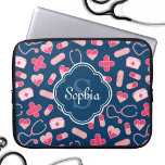 Pink and Blue Nurse Pattern with Monogram Laptop Sleeve<br><div class="desc">Nurse themed pattern design in pink,  white,  and navy blue,  with a blue and white quatrefoil label featuring a monogram initial letter / name template.  A cute,  feminine design that is perfect for celebrating a special RN during nurses week.</div>