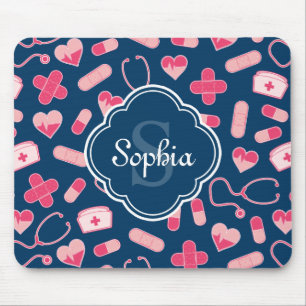 Pink and Blue Nurse Pattern with Monogram Mouse Pad