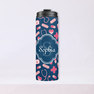 Pink and Blue Nurse Pattern with Monogram Thermal Tumbler