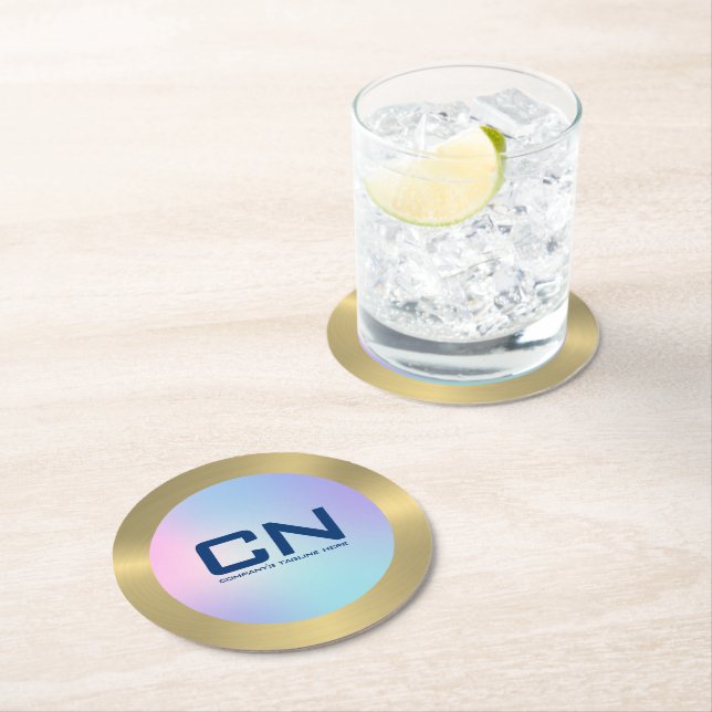 Pink and blue ombre gold round paper coaster (Insitu)