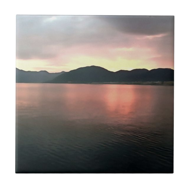 Pink and Blue Ombre Sunset Reflections Landscape  Ceramic Tile (Front)