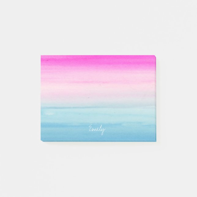 Pink and Blue Ombre Watercolor Personalised Post-it Notes (Front)