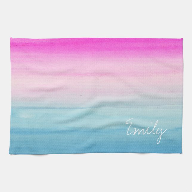 Pink and Blue Ombre Watercolor Personalised Tea Towel (Horizontal)