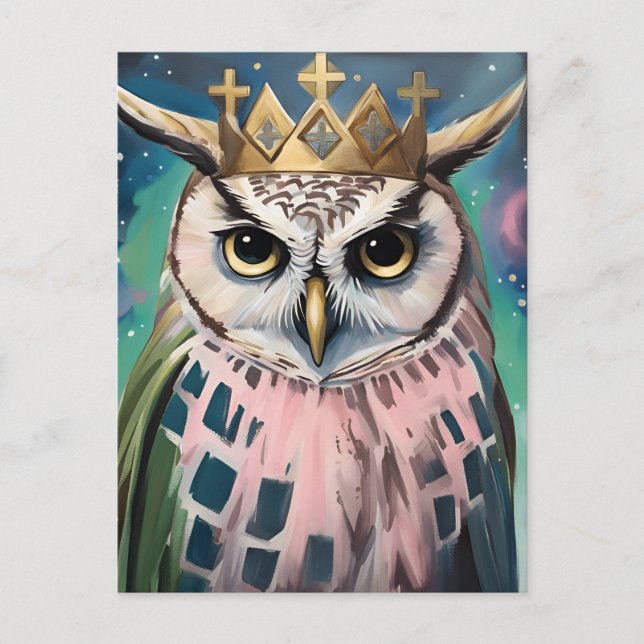Pink and Blue Owl in a Crown Postcard (Front)