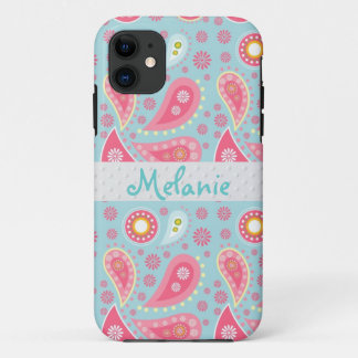 Pink  and Blue Paisley iPhone Monogram Custom 11 Case
