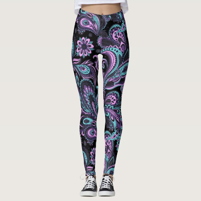 Pink And Blue Paisley Pattern Leggings (Front)