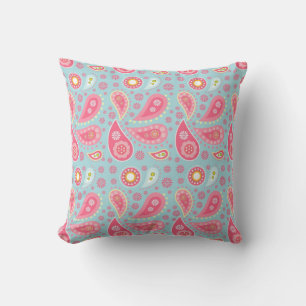 Pink and Blue Paisley Throw Pillow