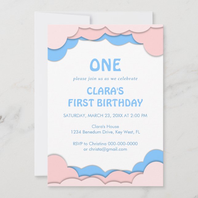 Pink And Blue Paper Cut First Birthday Invitation (Front)
