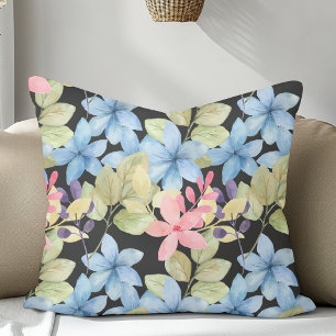 Pink And Blue Pastel Floral Watercolor On Black Cushion
