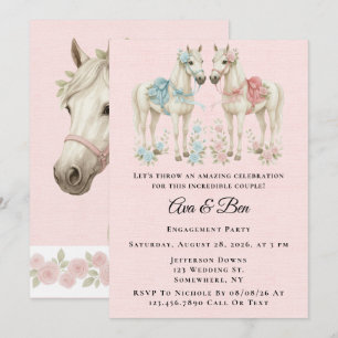 Pink and Blue Pastel Flower Horse Engagement Party Invitation