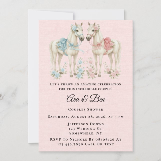 Pink and Blue Pastel Flowers Horse Couples Shower Invitation (Front)