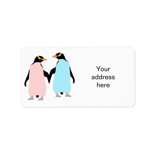 Pink and blue Penguins holding hands. Address Label