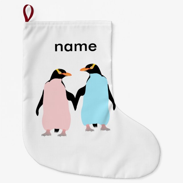 Pink and blue Penguins holding hands. Large Christmas Stocking (Front)