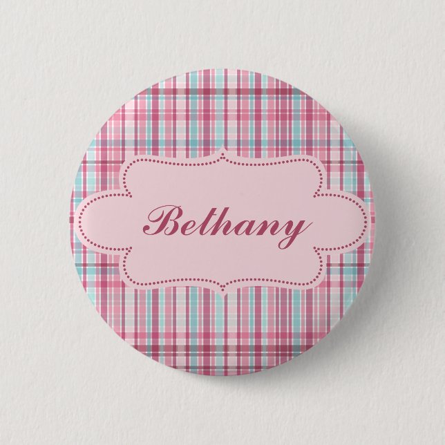 Pink and Blue Plaid with Label 6 Cm Round Badge (Front)