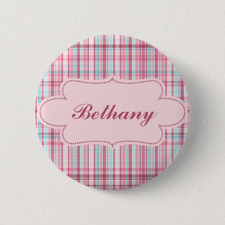 Pink and Blue Plaid with Label 6 Cm Round Badge