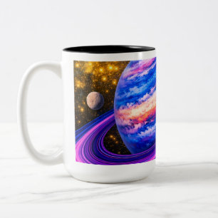 Pink and Blue Planet with Rings Two-Tone Coffee Mug