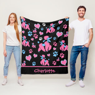 Pink and Blue Poodle Pattern on Black Background Fleece Blanket