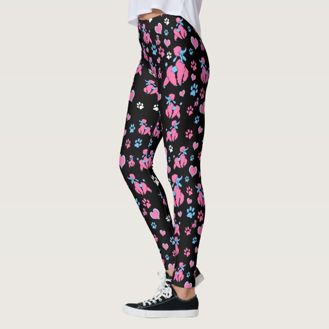 Pink and Blue Poodle Pattern on Black Background Leggings (Left)