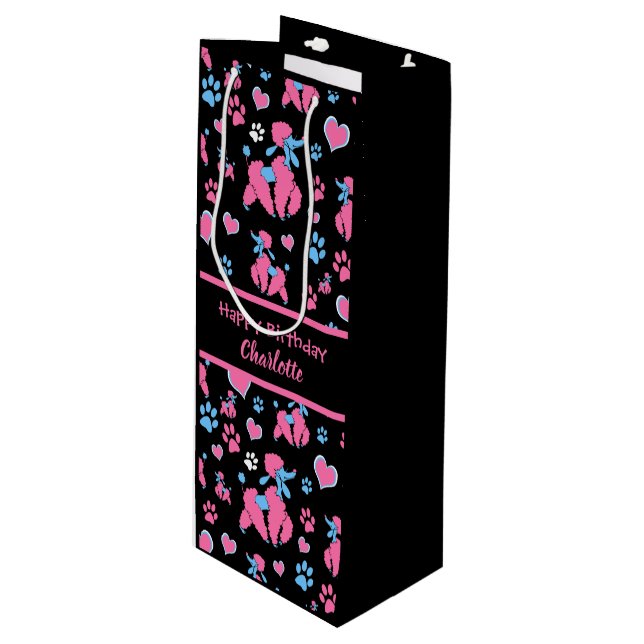 Pink and Blue Poodle Pattern on Black Background Wine Gift Bag (Front Angled)