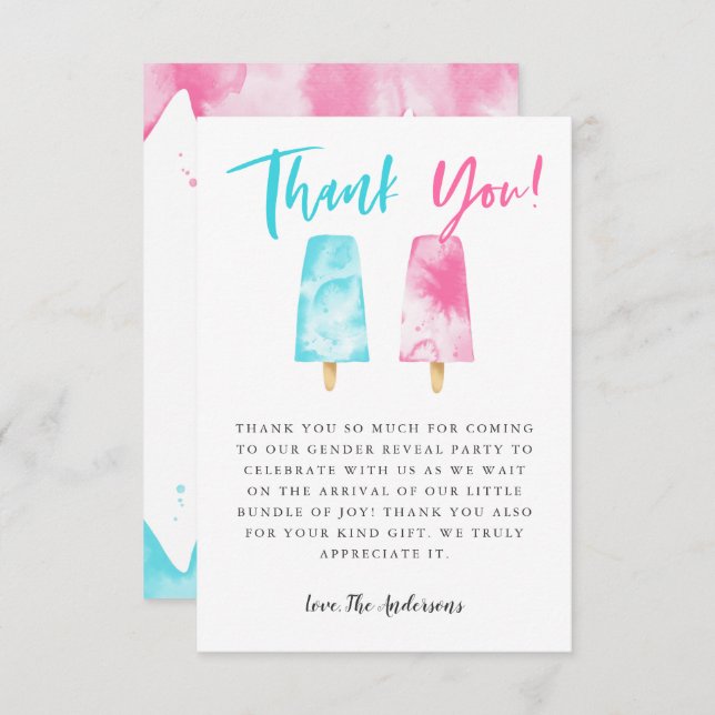 Pink and Blue Popsicle Gender Reveal Party Thank You Card (Front/Back)