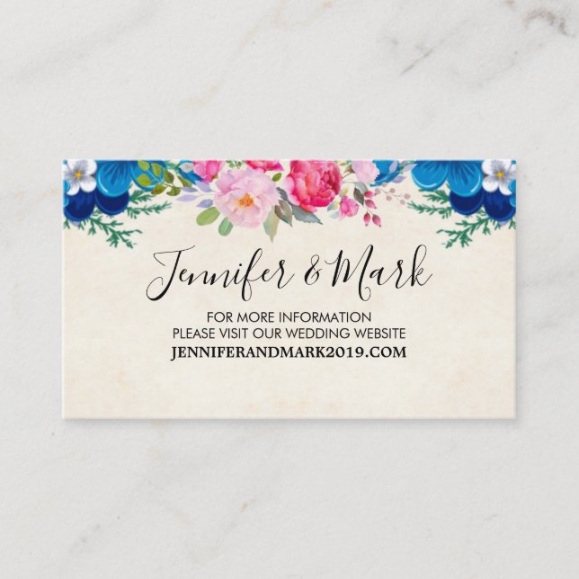 Pink and Blue Prety Flower Border Wedding Website Business Card (Front)