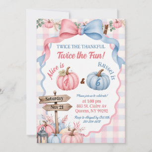 Pink and Blue Pumpkin Patch Joint Sibling Birthday Invitation