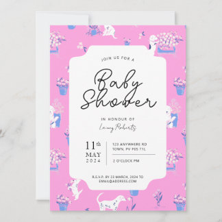 Pink and Blue Puppy Dog Floral Baby Shower Invitation