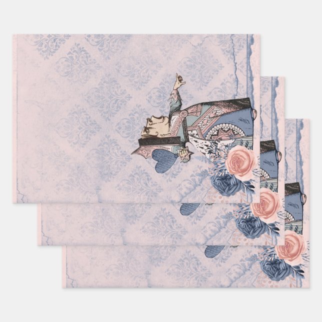 Pink and Blue Queen of Hearts Wrapping Paper Sheet (Set)