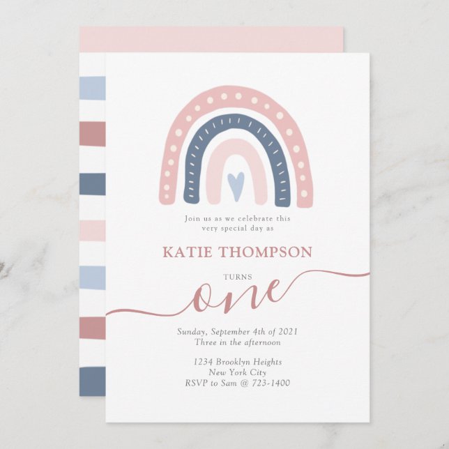Pink and Blue Rainbow Boho First Birthday Invitation (Front/Back)