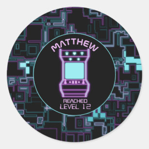 Pink and Blue Retro Arcade Video Game Classic Round Sticker