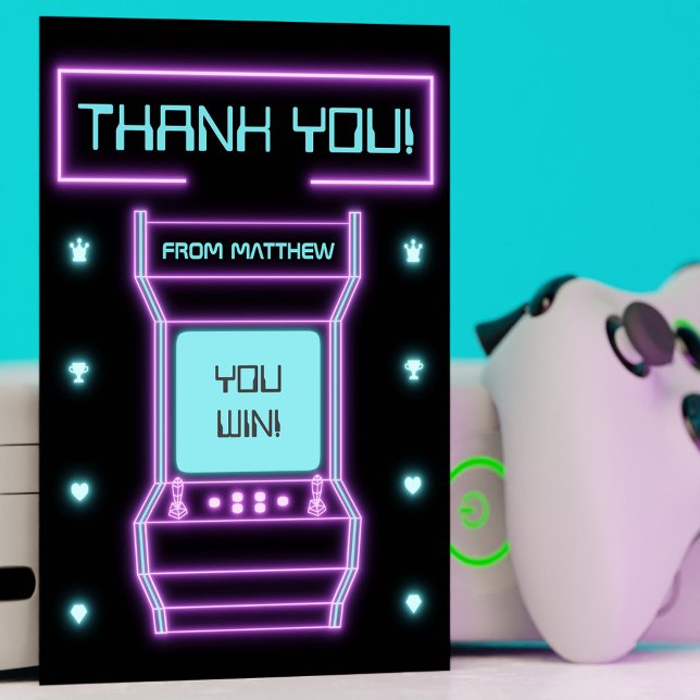 Pink and Blue Retro Arcade Video Game Thank You Card (Pink and Blue Retro Arcade Video Game Thank You Card)