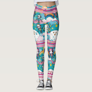 Pink and Blue Retro Robots with Racing Stripes Leggings
