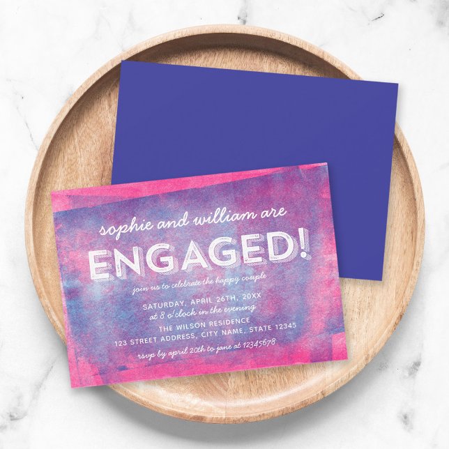 Pink and Blue Rolled Ink Engaged! Engagement Party Invitation (Creator Uploaded)