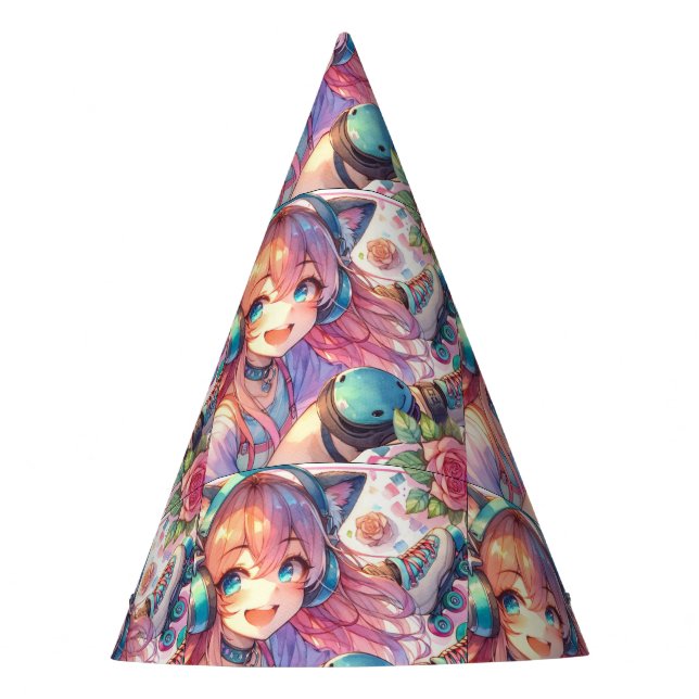 Pink and Blue Roller skating Anime Girl Birthday Party Hat (Front)