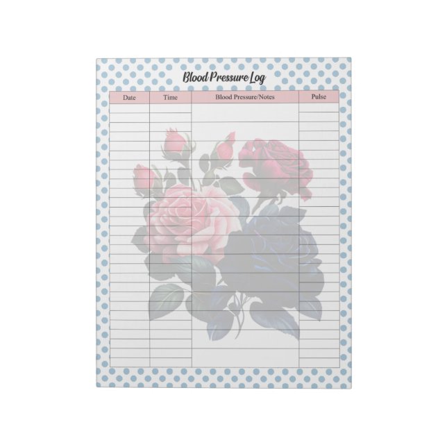 Pink and Blue Roses Blood Pressure Log Notepad (Rotated)