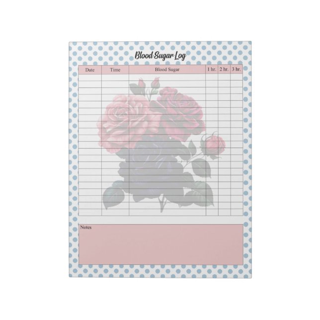 Pink and Blue Roses Blood Sugar Log Notepad (Rotated)