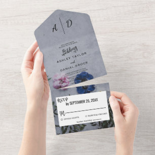 Pink and blue roses botanical floral Wedding All I All In One Invitation