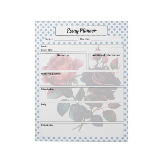 Pink and Blue Roses Essay Planner Notepad (Rotated)