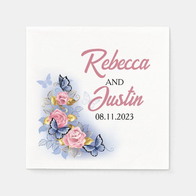 Pink and Blue Roses Floral Modern Boho Napkin (Front)