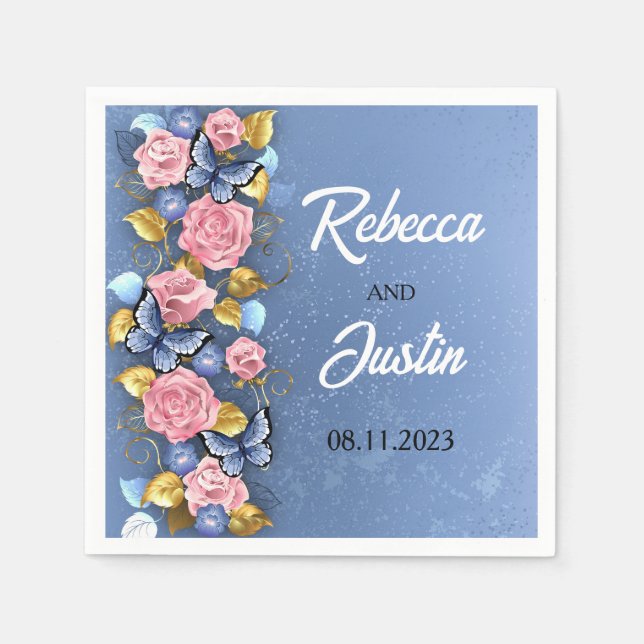 Pink and Blue Roses Floral Modern Boho Napkin (Front)